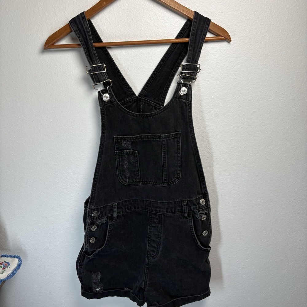 Topshop Women 4 Black Denim Overall Shorts LOOSE BUCKLE Distressed 100% Cotton